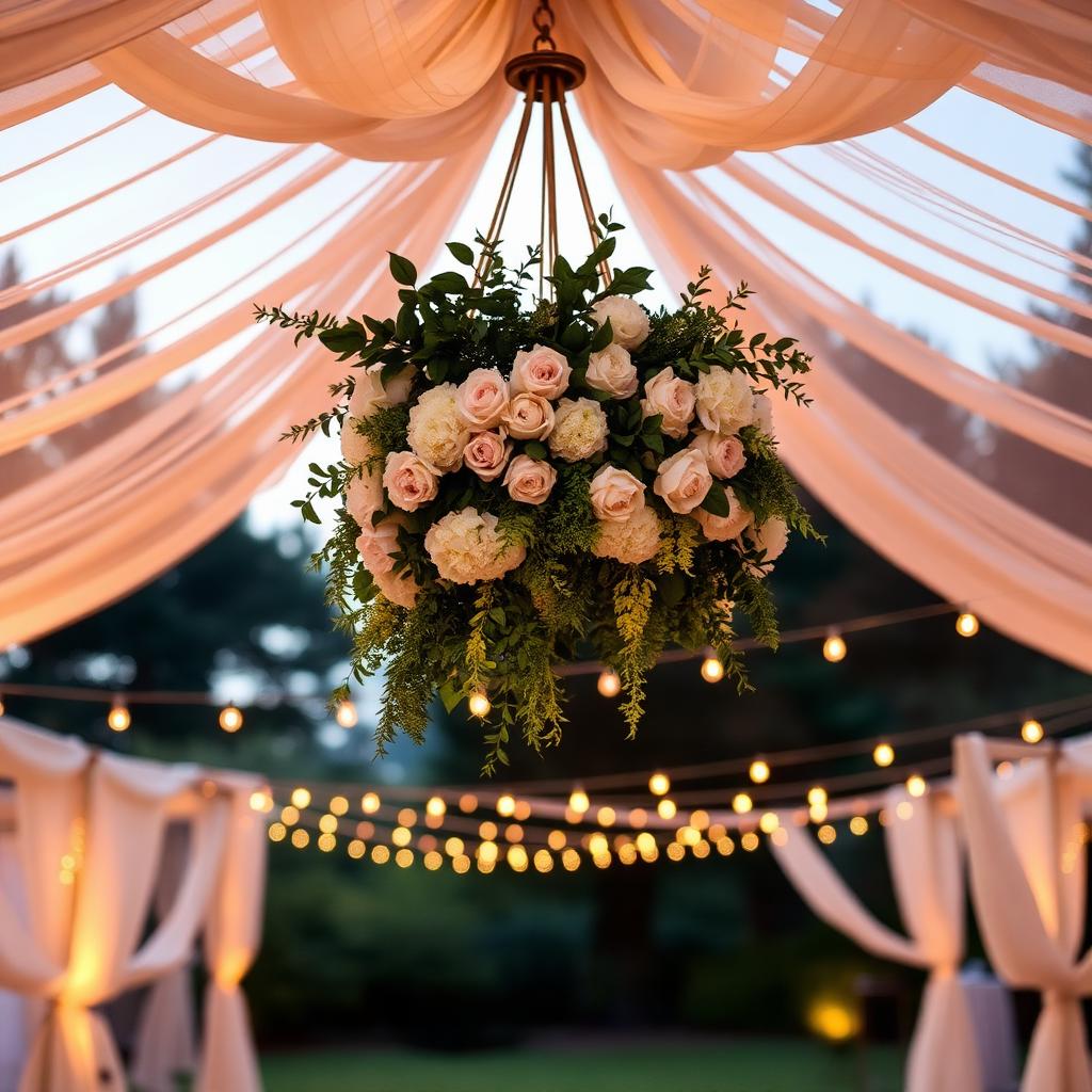 Elegant tented event with floral chandelier